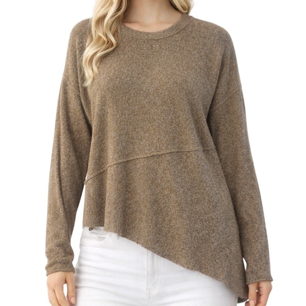 Open Edit Womens Brown Asymmetric Hem Slouchy Knit Sweater Medium Brown Marled